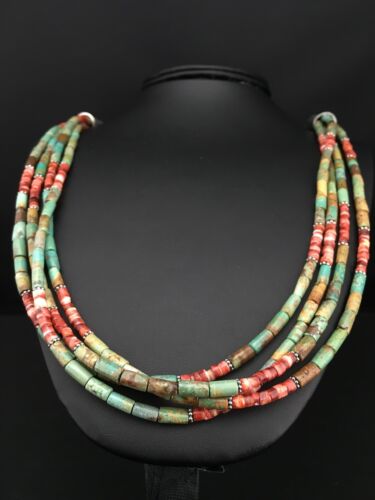 Royston Turquoise & Spiny Oyster Necklace | 4 Strand Navajo Sterling Silver | Authentic Native American Handmade | 4899