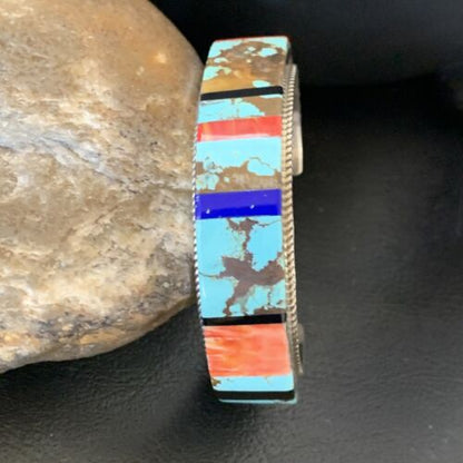 Men's Navajo Turquoise Spiny Lapis Inlay Bracelet | Sterling Silver | Authentic Native American Handmade | 12236