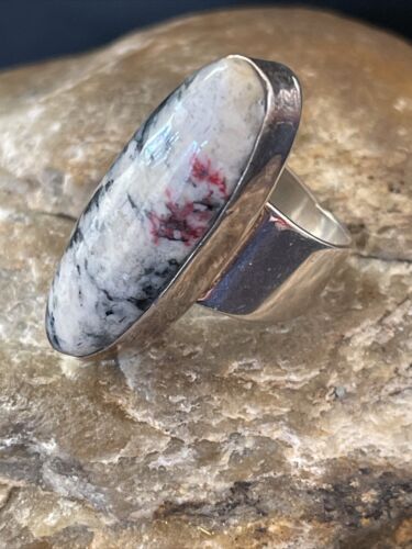 Southwestern Navajo White Black Cinnabrite Ring | Sterling Silver | Sz 7 | Authentic Native American Handmade | 1565