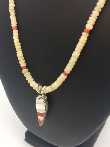 Native American Opal & Coral Beads Inlay Necklace | Sterling Silver | 8911