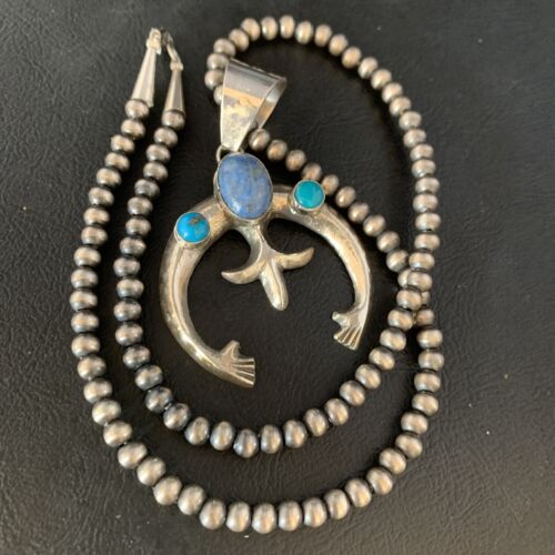 Navajo Sterling Silver Pendant Necklace | Denim Lapis & Turquoise | Authentic Native American Handmade | 13632
