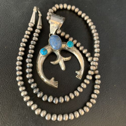 Navajo Sterling Silver Pendant Necklace | Denim Lapis & Turquoise | Authentic Native American Handmade | 13632
