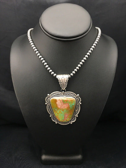 Royston Turquoise Pendant | Navajo Pearls Sterling Silver Necklace | Authentic Native American Handmade | 4276