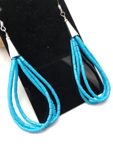 Liquid Silver Heishi Dangle Earrings | Blue Turquoise | Sterling Silver | 3-Strand | 2.5" | 4371