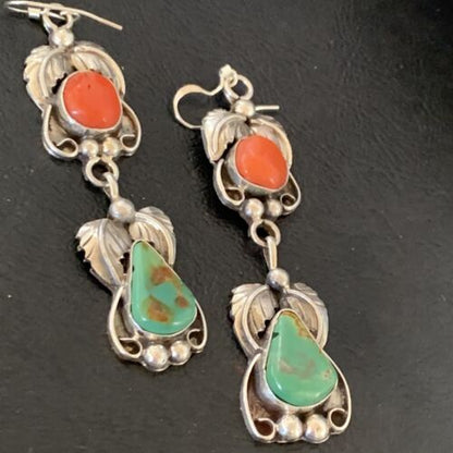 Navajo Green Royston Turquoise & Red Coral Dangle Earrings | Sterling Silver | Native American Handmade | 12553