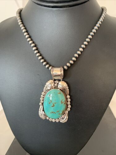 Navajo Pearls Necklace with Kingman Turquoise Pendant | Sterling Silver | Authentic Native American Handmade | 809