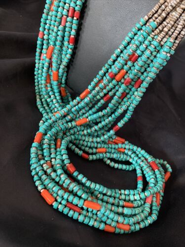 Southwestern Santo Domingo Coral Spiny Blue Turquoise Necklace | 38" | Authentic Native American Handmade | 12050