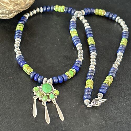 Navajo Green Turquoise Lapis Multi-Stone Necklace Pendant | Authentic Native American Sterling Silver | 14615