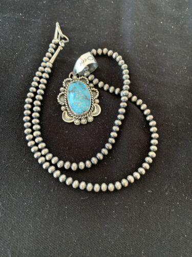 Navajo Sterling Silver Necklace with Spiderweb Kingman Turquoise Pendant | Authentic Native American Handmade | 00689