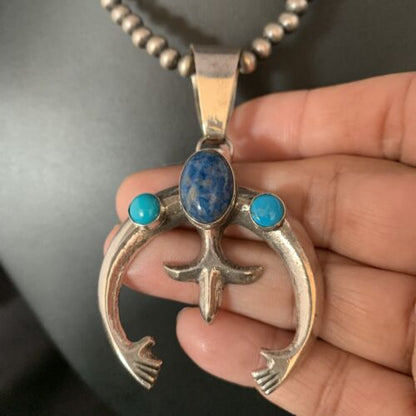 Navajo Sterling Silver Pendant Necklace | Denim Lapis & Turquoise | Authentic Native American Handmade | 13633