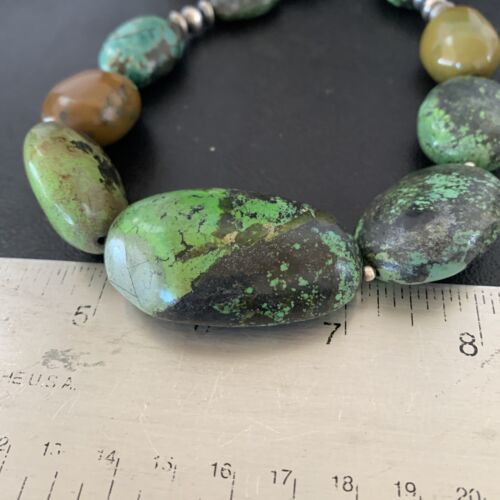 Navajo Sterling Silver Graduated Green Nugget Turquoise Necklace | Authentic Native American | 21" | 10726