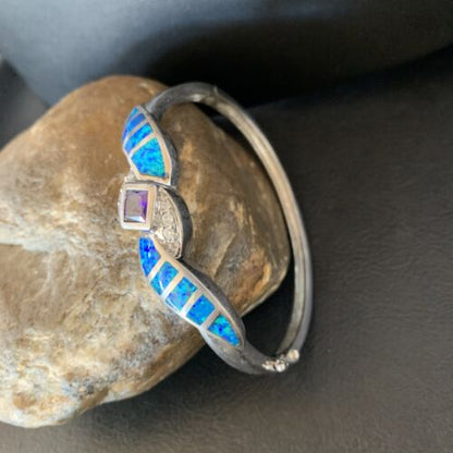Navajo Blue Opal Amethyst Bracelet | Sterling Silver | 7" | Authentic Native American Handmade | 13123