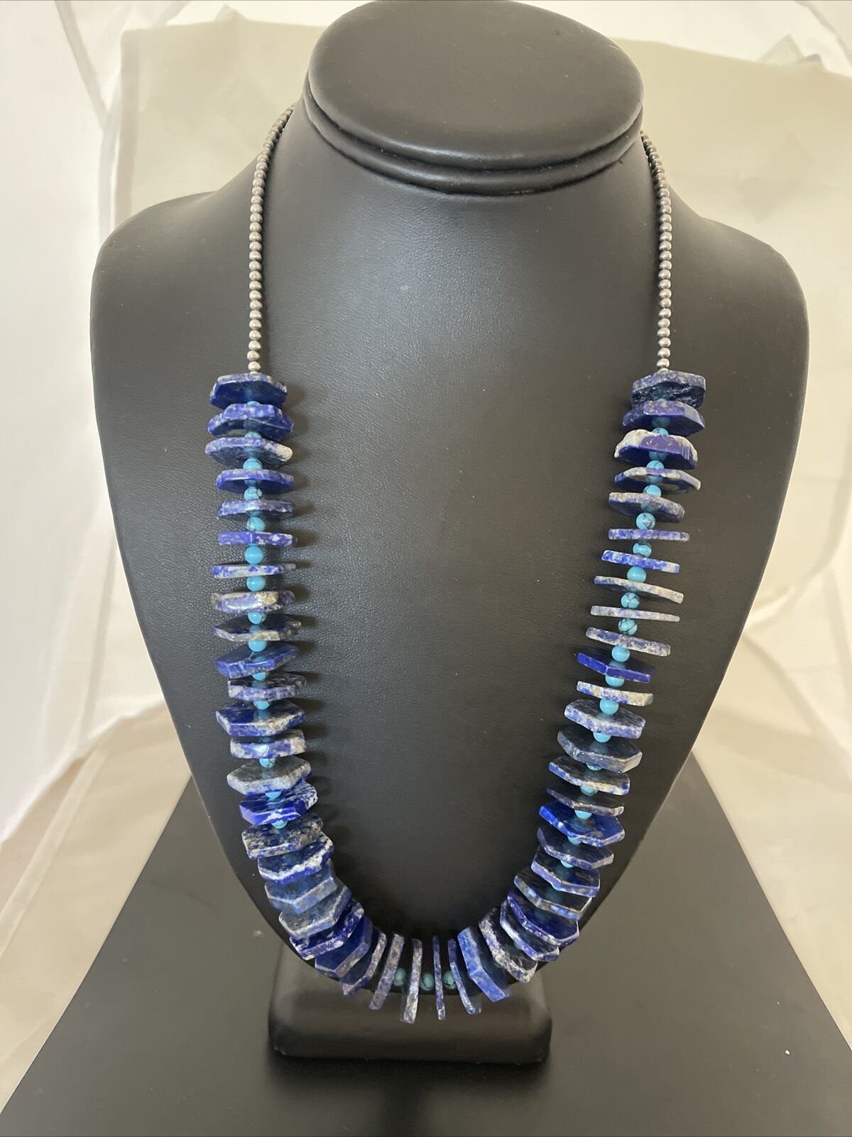 Men's Blue Lapis Turquoise Necklace | Sterling Silver Navajo Pearls | Authentic Native American Handmade | 20" | 13832