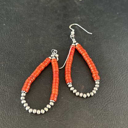 Southwestern Red Coral Dangle Earrings | Sterling Silver Heishi Bead | 2" | 14426