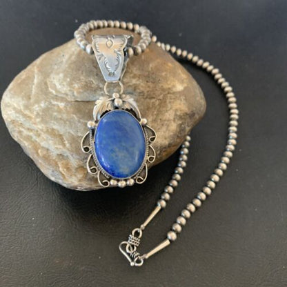 Men's Navajo Pearls Necklace with Denim Lapis Pendant | Sterling Silver | Authentic Native American Handmade | 12433