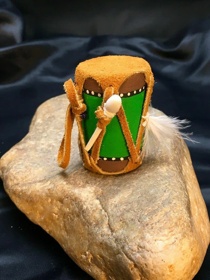 Navajo Leather Drum Car Charm | 2" Mirror Dangler | Handmade Miniature | 8923