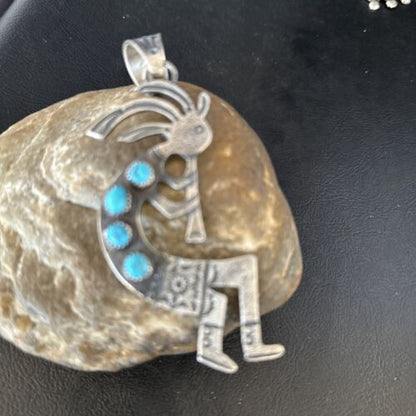 Navajo Kingman Turquoise Tufa Cast Kokopelli Pendant | Authentic Native American Sterling Silver | Multi-Stone | 14230