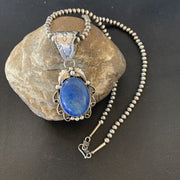 Men's Navajo Pearls Necklace with Denim Lapis Pendant | Sterling Silver | Authentic Native American Handmade | 12433