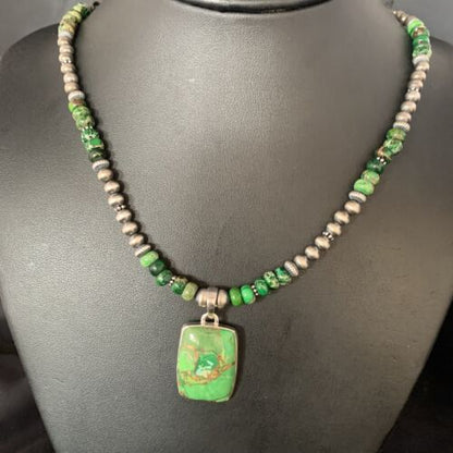 Navajo Pearls Green Mojave Turquoise Pendant Necklace | Sterling Silver | Native American Handmade | 13465