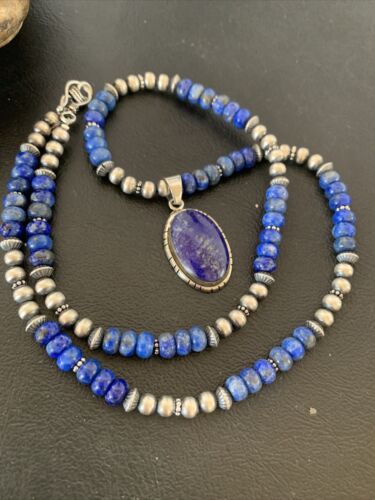 Navajo Pearls Lapis Pendant Necklace | Sterling Silver | Native American Handmade | 01775