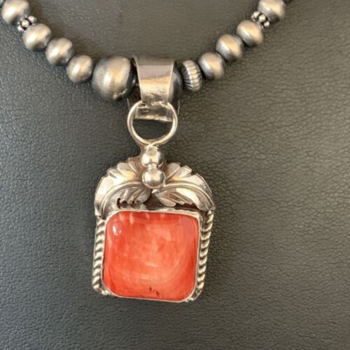 Navajo Red Spiny Oyster Pendant Necklace | Sterling Silver | 20" | Authentic Native American Handmade | 13653