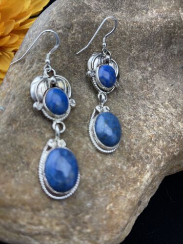 Native American Navajo Denim Lapis Dangle Earrings | Sterling Silver | 2" | 01792 - Masha USA