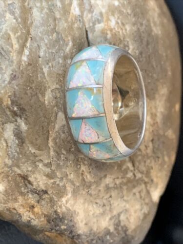 Native American Men's Navajo Blue Turquoise Inlay Ring | Sterling Silver | Sz 11 | 12561
