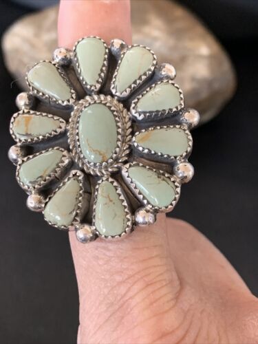 Navajo Green Turquoise Cluster Ring | Authentic Native American Sterling Silver | Multi-Stone | Sz 7.5 | 12189