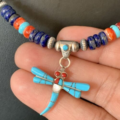 Navajo Dragonfly Pendant | Sterling Silver Turquoise Coral Multi-Color Inlay | Authentic Native American Handmade | 13515 - Masha USA