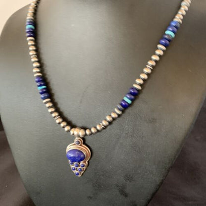 Men's Navajo Pearl Blue Lapis Turquoise Necklace | Sterling Silver | 21" | 12612 | Multi-Stone