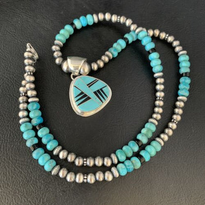 Navajo Inlay Blue Turquoise Onyx Pendant Necklace | Sterling Silver | Authentic Native American Handmade | 13656