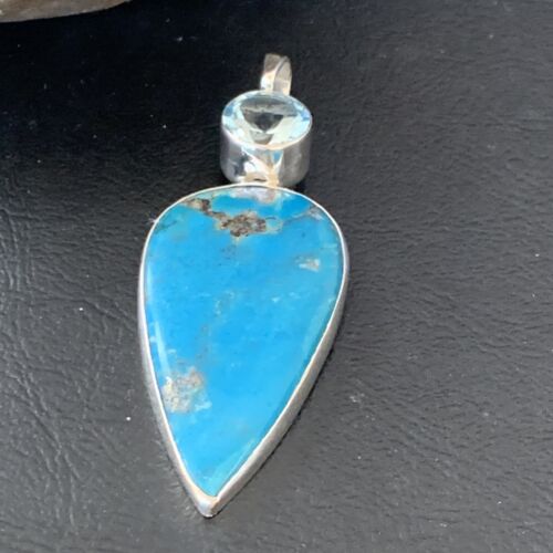 Navajo Sterling Silver Blue Topaz Turquoise Multi-Stone Pendant | Authentic Native American Handmade | 3" | 12025