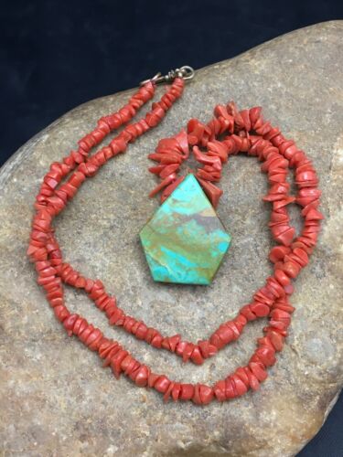 Native American Turquoise Coral Pendant Necklace | Brass Old Pawn | 19" | 4002