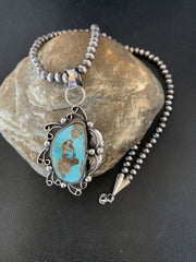 Men's Navajo Blue Dry Creek Turquoise Pendant | Sterling Silver | Pearl Necklace | Native American | 12973