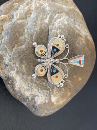 Zuni Blue Turquoise Coral Mother of Pearl Butterfly Inlay Pendant Necklace | Sterling Silver | 11969