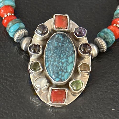 Navajo Multi-Color Blue Turquoise Coral Necklace Pendant | Authentic Native American Sterling Silver | Naja | 14371 - Masha USA
