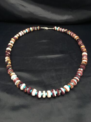 Navajo Purple Spiny Oyster & Turquoise Bead Necklace | Sterling Silver | Authentic Native American Handmade | 22" | 2617