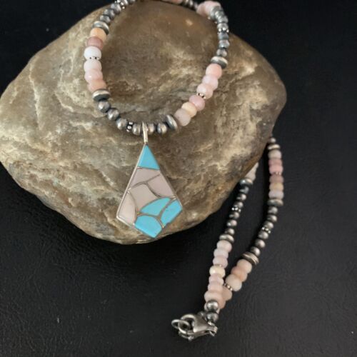 Navajo Mother of Pearl Turquoise Inlay Pendant with Pink Opal Bead | Sterling Silver Necklace | 13456