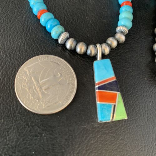 Navajo Blue Turquoise Coral Pendant Necklace | Sterling Silver Inlay | Authentic Native American Handmade | 13839