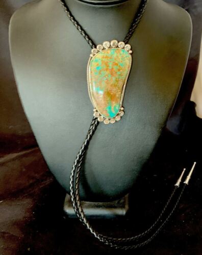 Navajo Royston Turquoise Bolo Tie | Sterling Silver | Authentic Native American Handmade | 12363