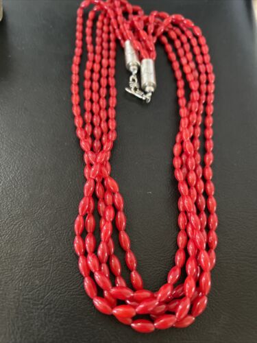 Navajo Red Coral 5-Strand Necklace | Sterling Silver Barrel Beads | 22" | Authentic Native American Handmade | 10438