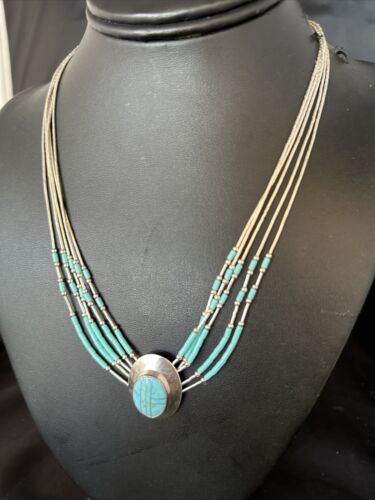 Liquid Silver Heishi 5-Strand Pendant Necklace | Sterling Silver | Turquoise | Navajo | 14820