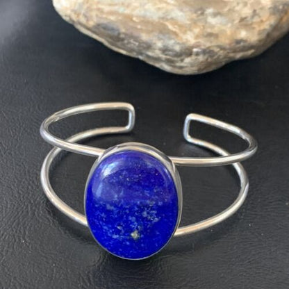 Minimalist Women's Blue Lapis Lazuli Cuff Wire Bracelet | Sterling Silver | 12872
