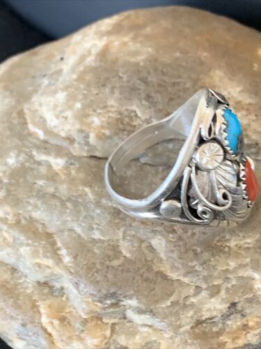 Navajo Feather Ring with Blue Kingman Turquoise, Coral, and Multi-Stone | Authentic Native American Sterling Silver | Sz 11 | 12216