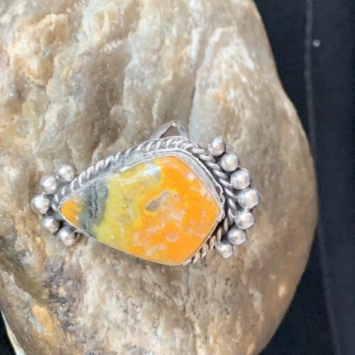 Navajo Yellow Bumble Bee Jasper Ring | Sterling Silver | Sz 9.5 | Authentic Native American Handmade | 13526