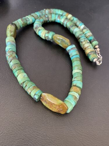 Men's Navajo Green Turquoise Nugget Heishi Bead Necklace | Sterling Silver | Authentic Native American Handmade | 21" | 10220