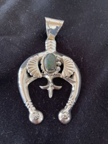 Navajo Pearls Sterling Silver Bisbee Turquoise Naja Pendant Necklace | Authentic Native American Handmade | 01058