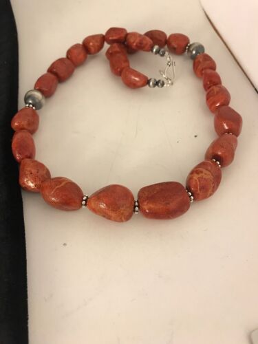 Navajo Apple Coral Sponge Bead Necklace | Sterling Silver | Authentic Native American Handmade | 22" | 8526