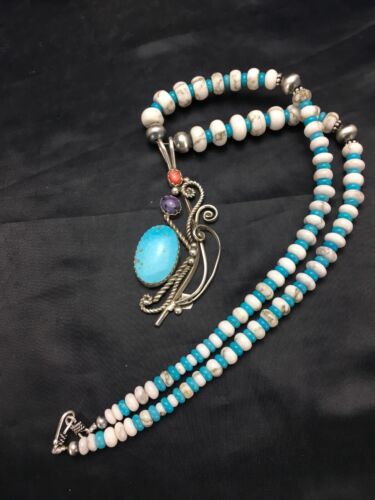 Navajo Kingman Turquoise Pendant Necklace | Authentic Native American Sterling Silver | Multi-Stone | 3043