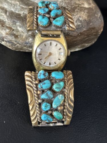 Authentic Native American Navajo Blue Kingman Turquoise Watch Tips | Sterling Silver | Old Pawn Jewelry | 14267